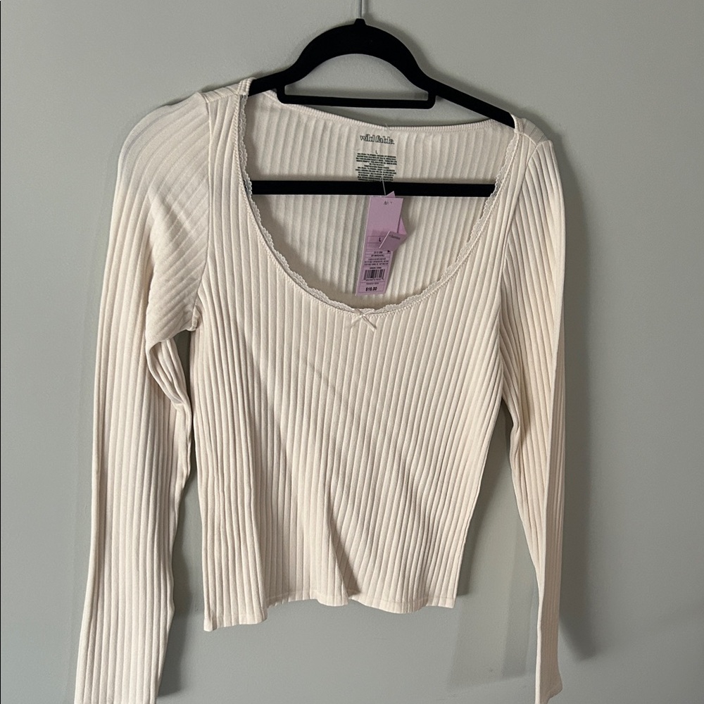 wild fable Cream Ribbed Scoop-Neck Long Sleeve Top